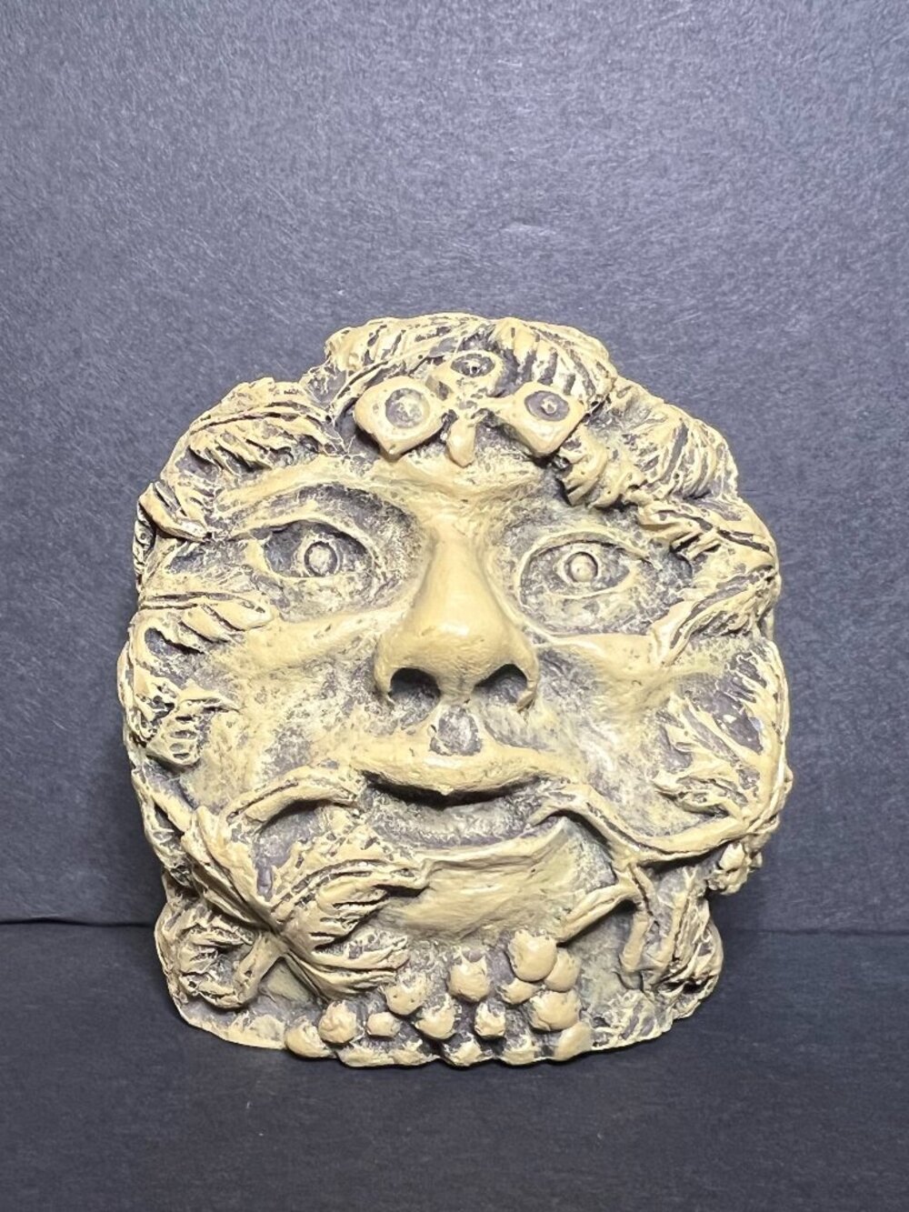 Green Man Grapevine Leaf Face Wall Decor Free Standing Sculptured Figurine 2.75"